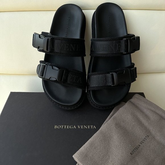 NEW BOTTEGA VENETA Leather & Canvas Jacquard Logo Strap Slide Sandals Sz 39 - Picture 3 of 9